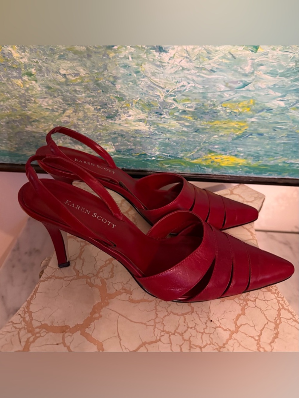 Karen Scott Leather Crimson Red Slingback Pointed-Toe Heels